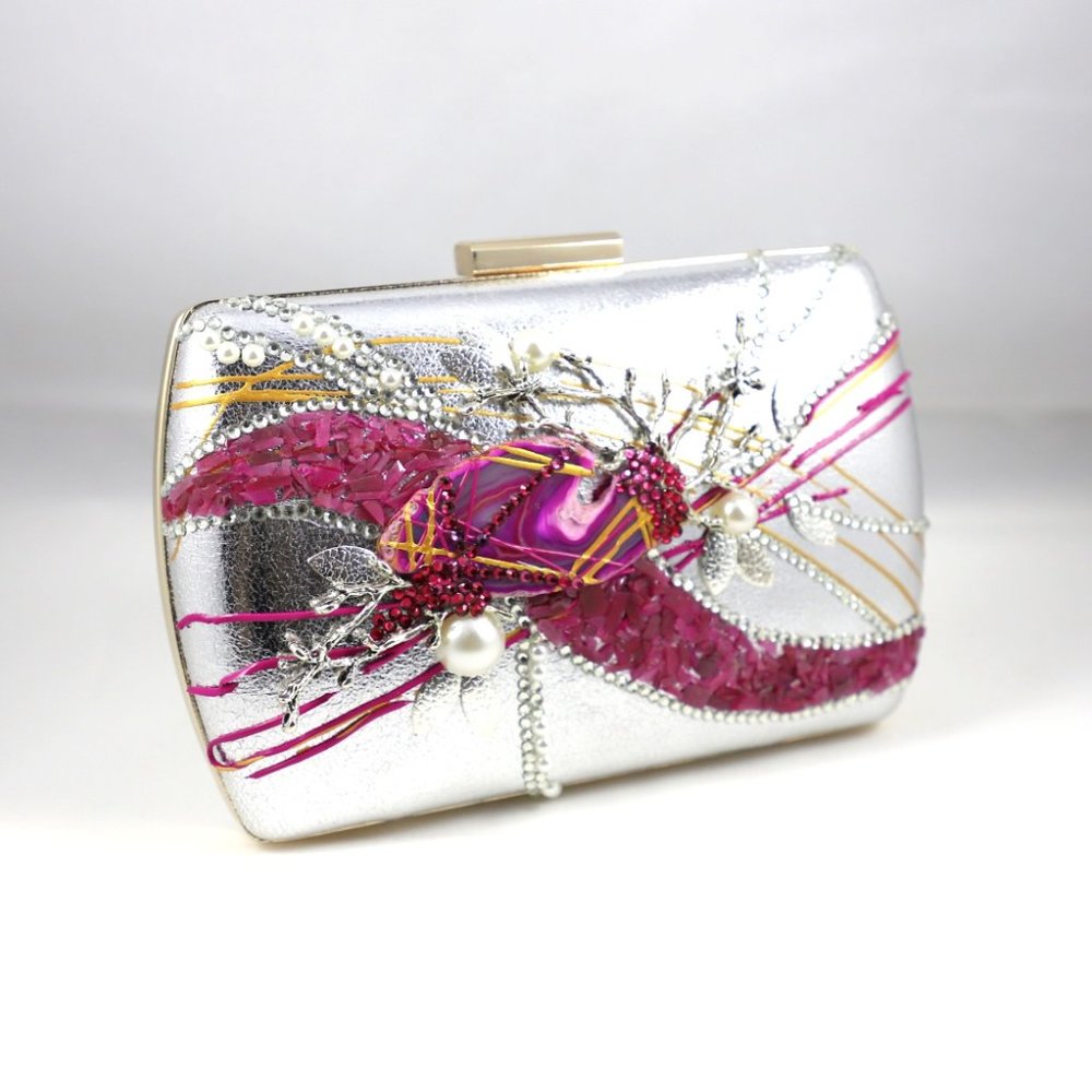 Silver Leather Clutch Pink Agate stone, Pearls, Crystals, Silver Branches - Picture 3 of 5